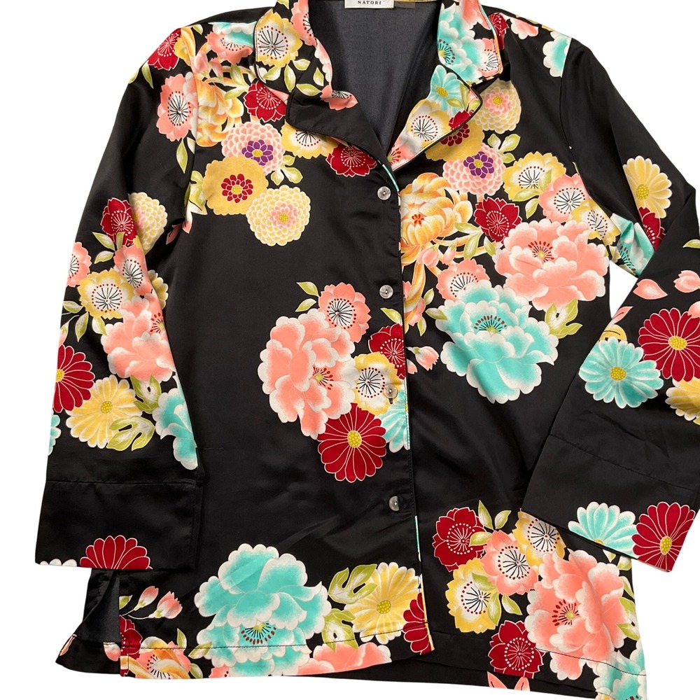 Natori Pajama Top Women Small Black Multi Floral Sleeve